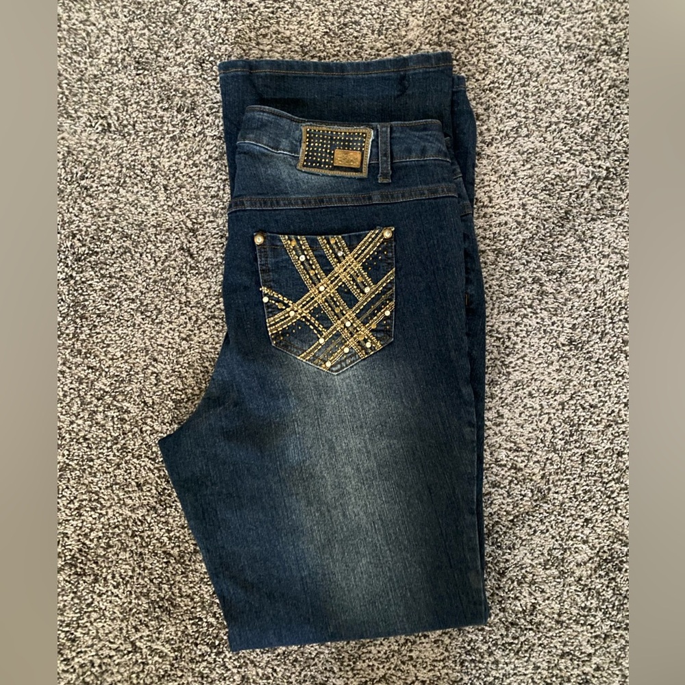 One zone Jeans 12 Stretch Dark Blue Denim Bling Embellished Rhinestones